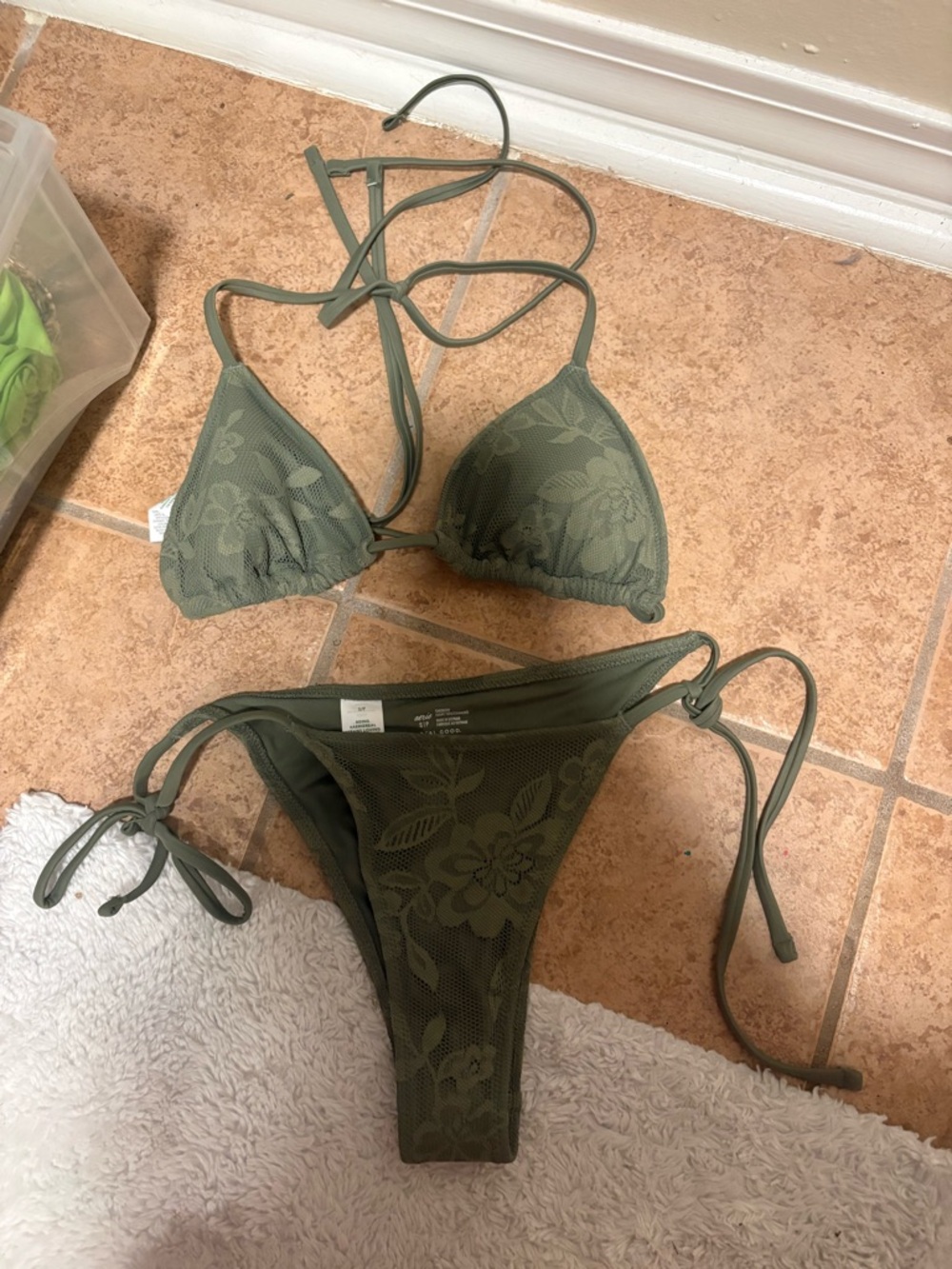 Women’s Olive Green Floral Lace Triangle Bikini